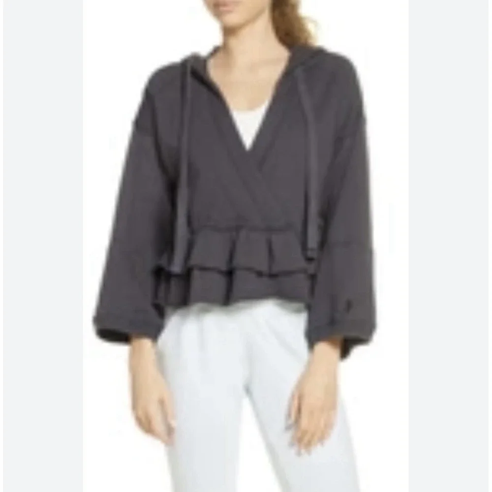 Free People Movement Side Swept Ruffle French Terry Sweater Sz M Grey V Neck